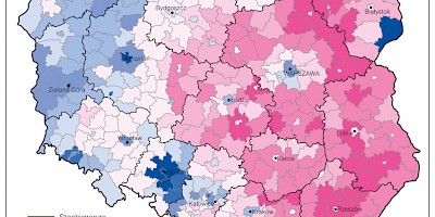 Karte: Polen: Präsidentschaftswahl 2005. Zweiter Wahlgang – Stimmanteile von L. Kaczyński und D. Tusk