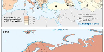 Karte: Europa: Versorgungsverhältnis – Rentner und Erwerbstätige 2010 und 2015