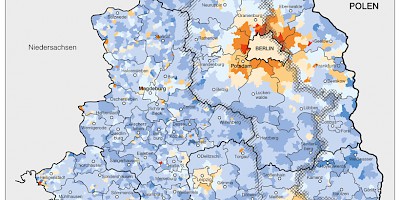 Karte: Ostdeutschland: Relative Bevölkerungsentwicklung 2000–2006