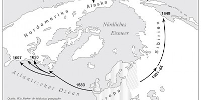 Karte: Phasenverschiebung: Englands maritimer und Rußlands kontinentaler Zugriff auf Nordamerika