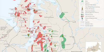 Karte: Erdgas- und Erdölförderung in Russlands Hohem Norden (2020)