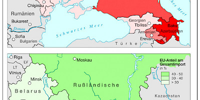 Karte: Außenhandelsverflechtungen osteuropäischer ENP-Staaten und Russlands mit der EU 2005