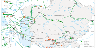 Karte: Zentralasien: Ölfelder- und Pipelines