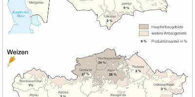 Karte: Kasachstan: Gerste- und Weizenanbau