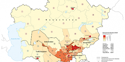 Karte: Zentralasien: Bevölkerungsdichte nach Verwaltungsgebieten